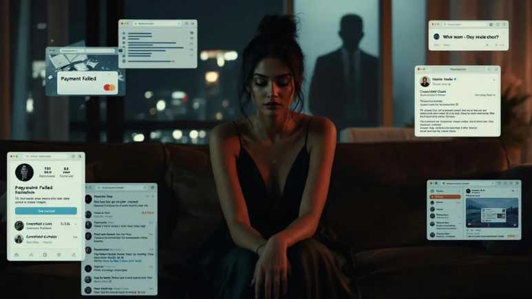 A conceptual scene depicting an Indian woman alone and uncertain, surrounded by abstract symbols of risk—such as broken shield icons, shadowy figures, a cracked phone, and scattered currency—representing the dangers of privacy breaches, financial loss, and emotional vulnerability in independent escorting.