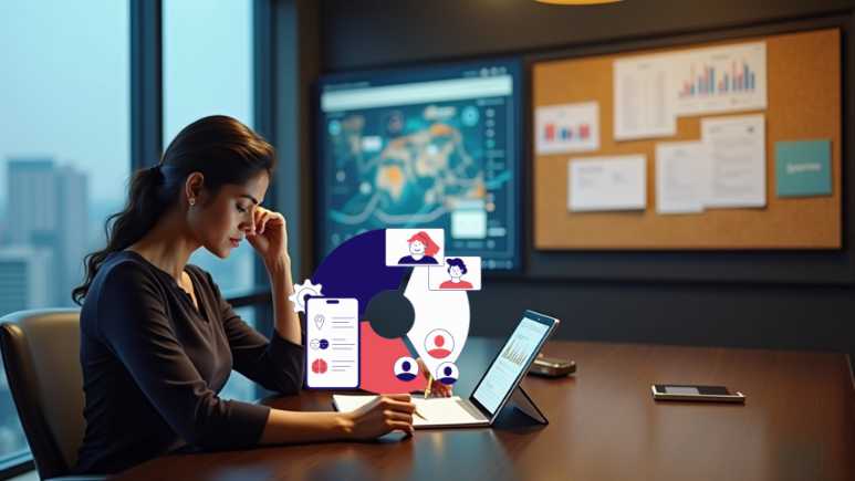 A glamorous woman stands confidently surrounded by abstract floating icons representing training, communication, and 24/7 support in an elegant, minimal setting.