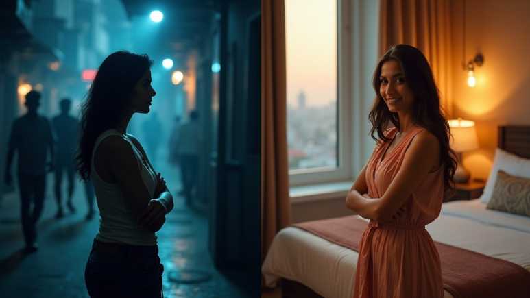 A stylish Indian woman shown in a visual transition—from looking sad, isolated, and vulnerable in a dim environment to confidently smiling in a bright, luxurious setting—symbolizing the emotional uplift and protection offered by Bangalore GFE.