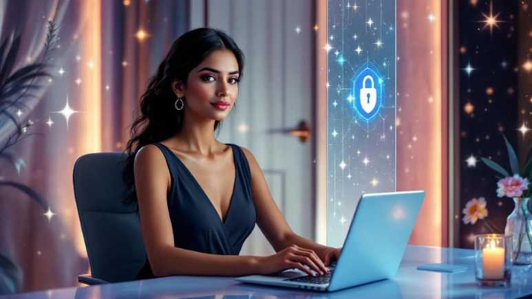 A glowing transition from a shadowed woman to a radiant, confident one, symbolizing the journey from unprotected to protected identity with icons of shields and digital locks subtly in the background.