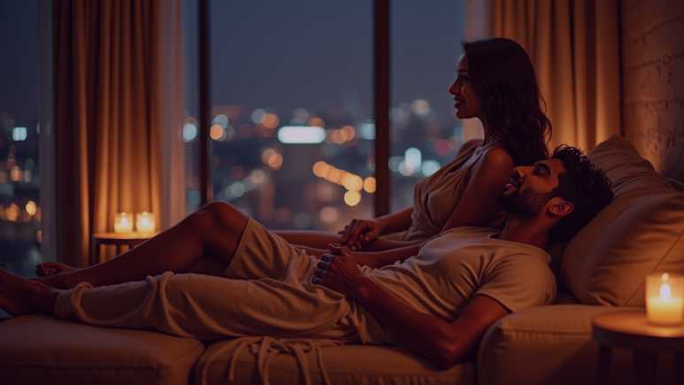 Indian escort and man sharing a relaxed moment in a luxurious Bangalore suite, reflecting stress-free, emotionally unbound companionship.