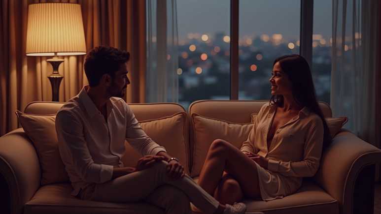 Indian man and escort enjoying a cozy, stress-free evening in a softly lit luxury apartment, symbolizing relaxation and personal attention.