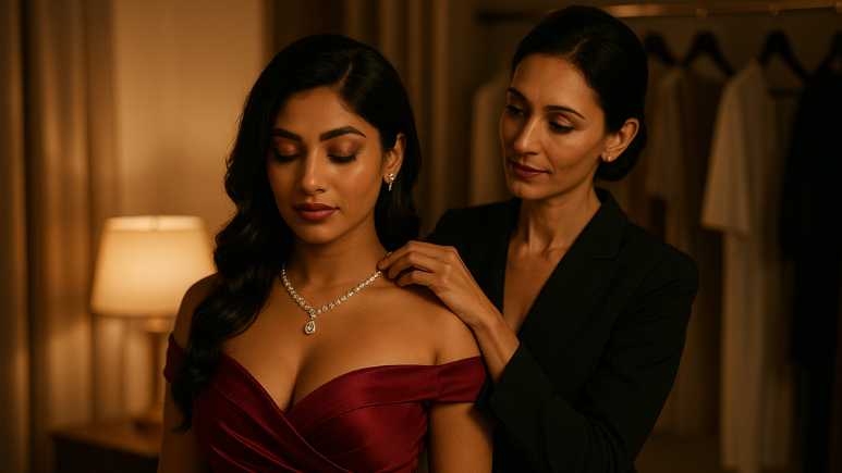 A stylish Indian woman in a form-fitting dress prepares with visual icons floating around her, symbolizing mentorship, training, and round-the-clock support in a glamorous escort setting.