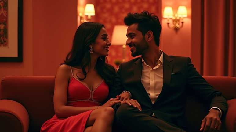 Elegant Indian couple sharing a warm moment on a plush sofa in a private, luxurious setting, representing genuine connection through elite companionship.