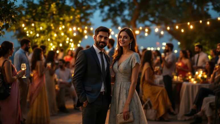 Stylish Indian couple attending a Bangalore college reunion, surrounded by a fashionable crowd at an upscale open-air venue.