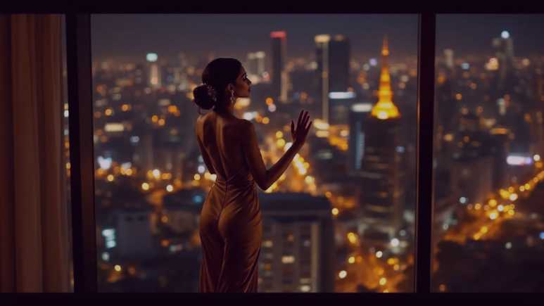Stylish Indian woman standing sensually near a window in a luxury high-rise, gazing at the nighttime skyline of Bengaluru.