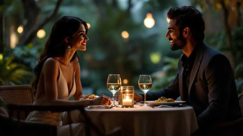 Indian couple having a warm, meaningful dinner in a fine-dining restaurant, symbolizing emotional connection and elite companionship.