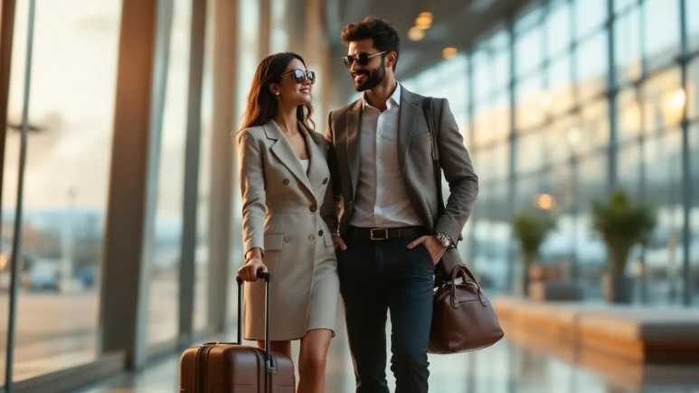 Elegant Indian couple in luxury travel mode at a private airport, symbolizing trust, professionalism, and elite companionship