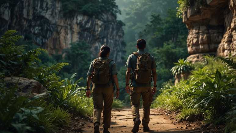 Contemporary Indian couple exploring Edakkal Caves