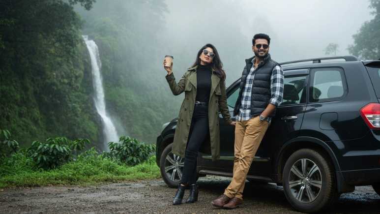 Modern Indian couple on a romantic road trip in Coorg standing by coffee plantations near Abbey Falls