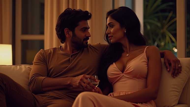 Indian man and elegant escort enjoying a luxurious, private moment in a refined Bangalore setting, symbolizing discretion, professionalism, and safety.