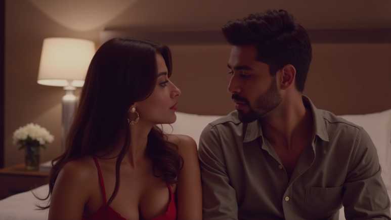 Indian man and escort enjoying a cozy, stress-free evening in a softly lit luxury apartment, symbolizing relaxation and personal attention.