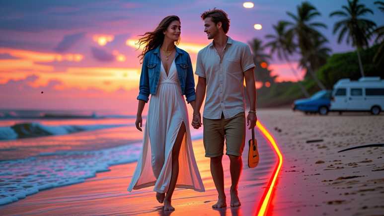 Modern Indian couple walking barefoot on Om Beach in Gokarna during sunset