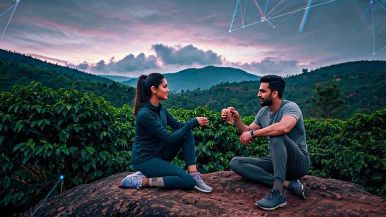 young modern couple trekking in Chikmagalur with scenic coffee hills in the background